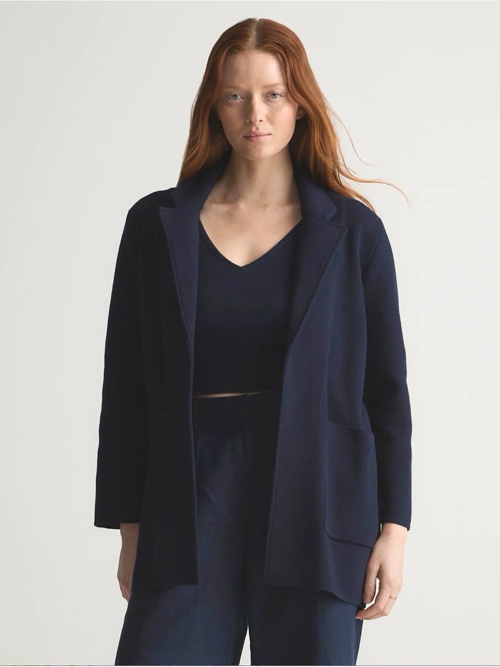Quince Women 100% Organic Cotton Knit Blazer Navy Cardigan XL Office Cozy